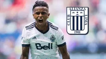 Yordy Reyna gritando un gol y el escudo de Alianza Lima